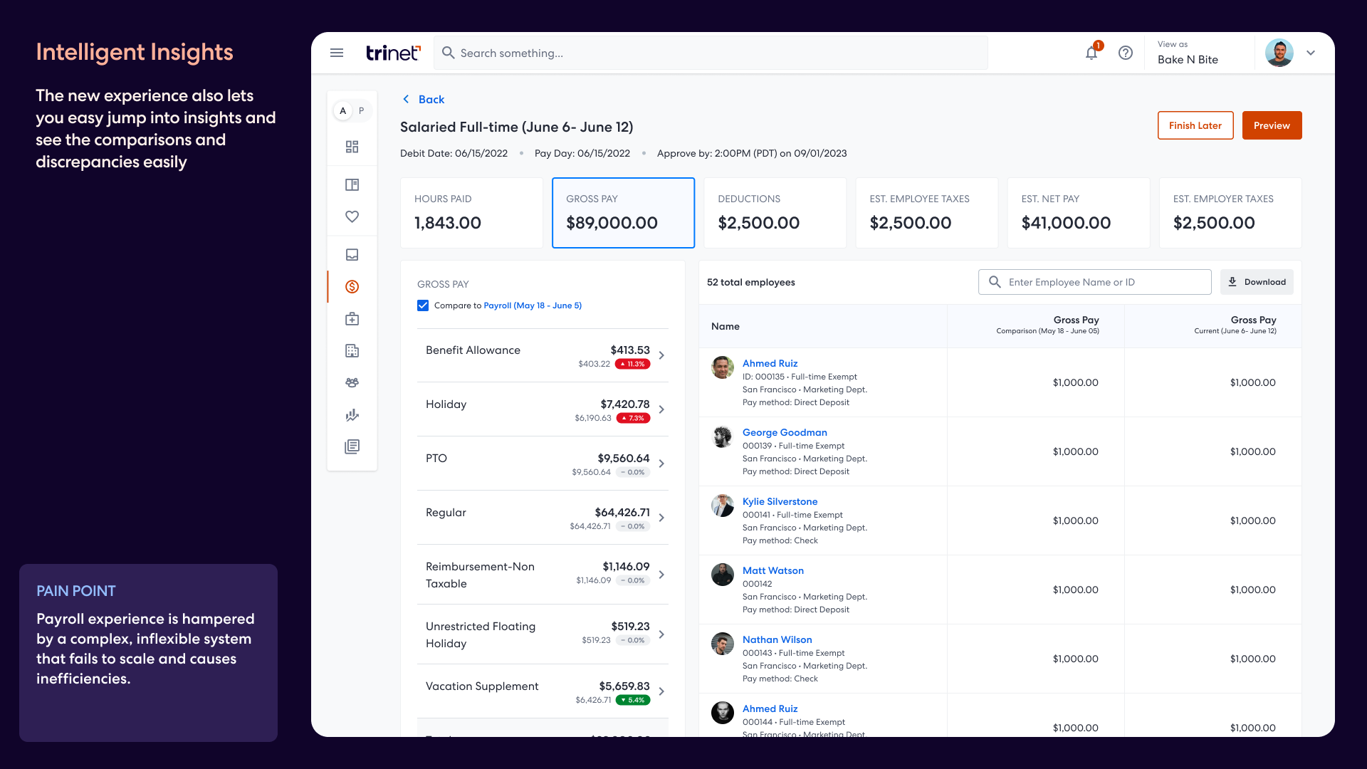 Payroll processing with inline editing and spreadsheet-like data grid